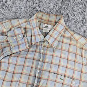 Lacoste Mens 42‎ Large Blue Orange Plaid Long Sleeve Button Front Cotton Shirt